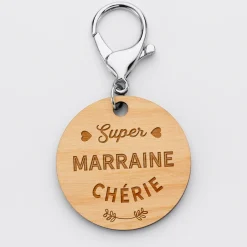 Porte-clés gravé bois médaille ronde 50 mm - Edition spéciale "Super Marraine"