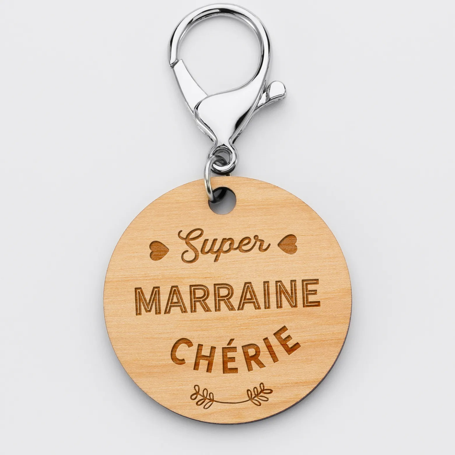 Porte-clés gravé bois médaille ronde 50 mm - Edition spéciale "Super Marraine"