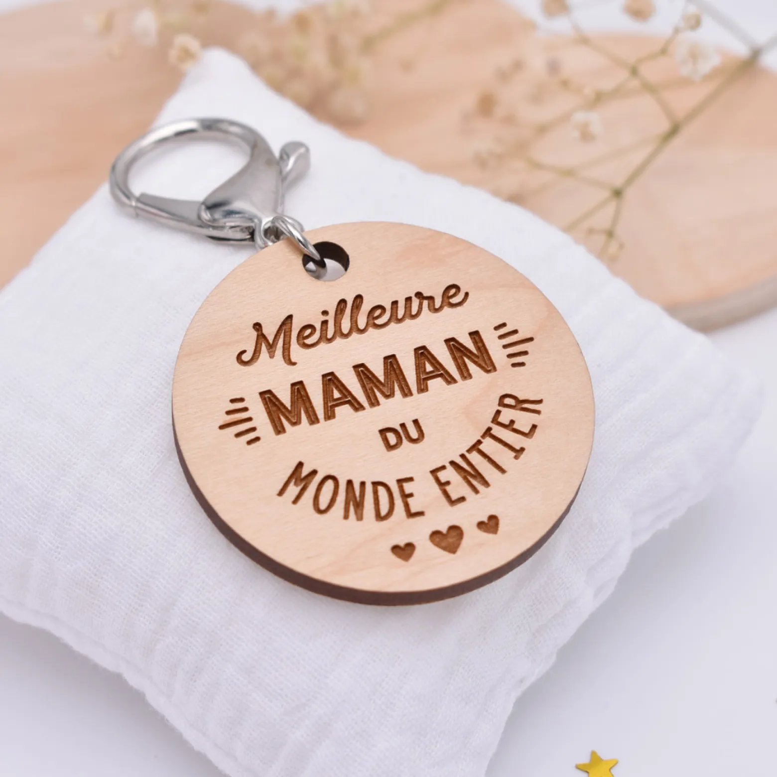 Porte-clés gravé bois médaille ronde 50 mm - Edition spéciale "Meilleure Maman du Monde"