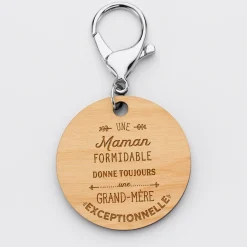 Porte-clés gravé bois médaille ronde 50 mm - Edition spéciale "Grand-mère Exceptionnelle"