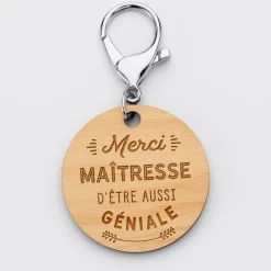 Porte-clés gravé bois médaille ronde 50 mm - Edition spéciale "Merci Maîtresse"