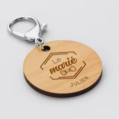 Porte-clés Marié personnalisé gravé bois médaille ronde 50 mm
