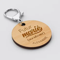 Porte-clés Marié personnalisé gravé bois médaille ronde 50 mm