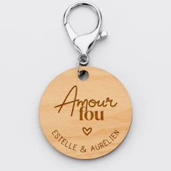 Porte-clés Mariée personnalisé gravé bois médaille ronde 50 mm