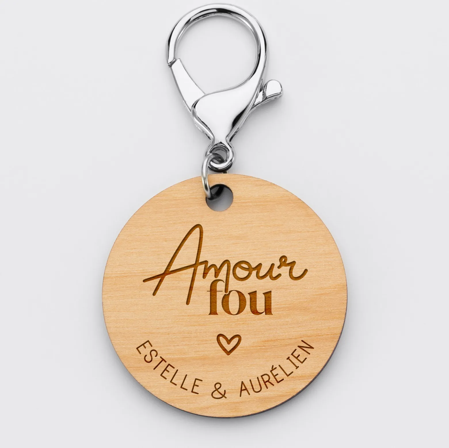 Porte-clés Mariée personnalisé gravé bois médaille ronde 50 mm