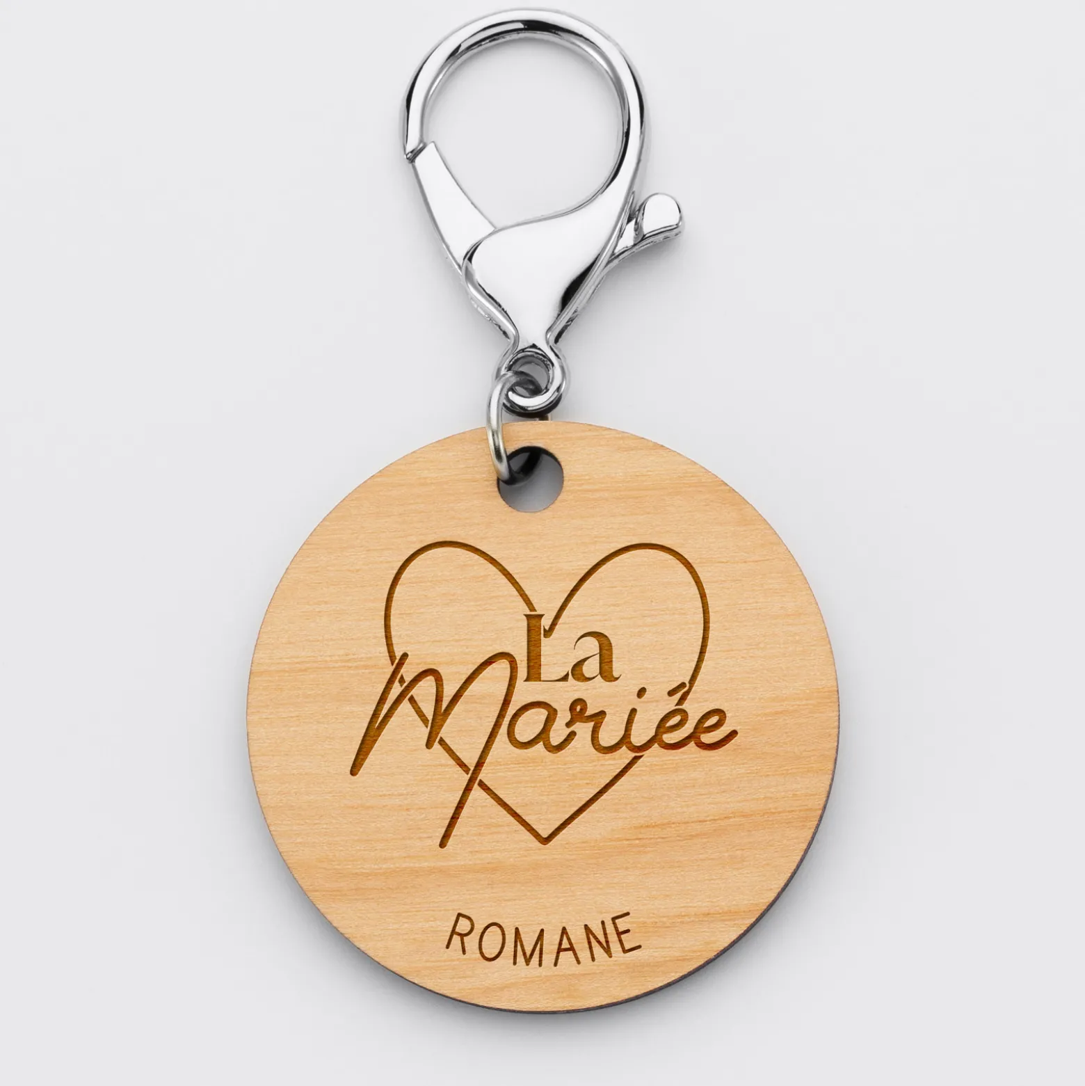 Porte-clés Mariée personnalisé gravé bois médaille ronde 50 mm
