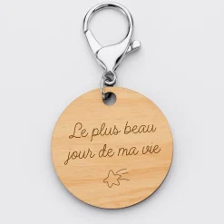 Porte-clés Mariée personnalisé gravé bois médaille ronde 50 mm