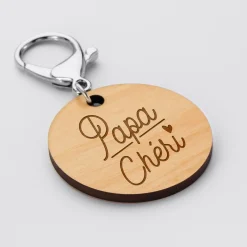 Porte-clés papa gravé bois médaille ronde 50 mm