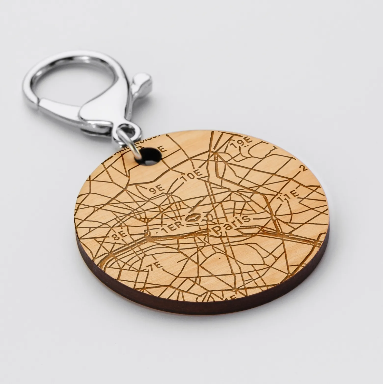 Porte-clés personnalisé gravé bois médaille ronde 50 mm "Géo map"