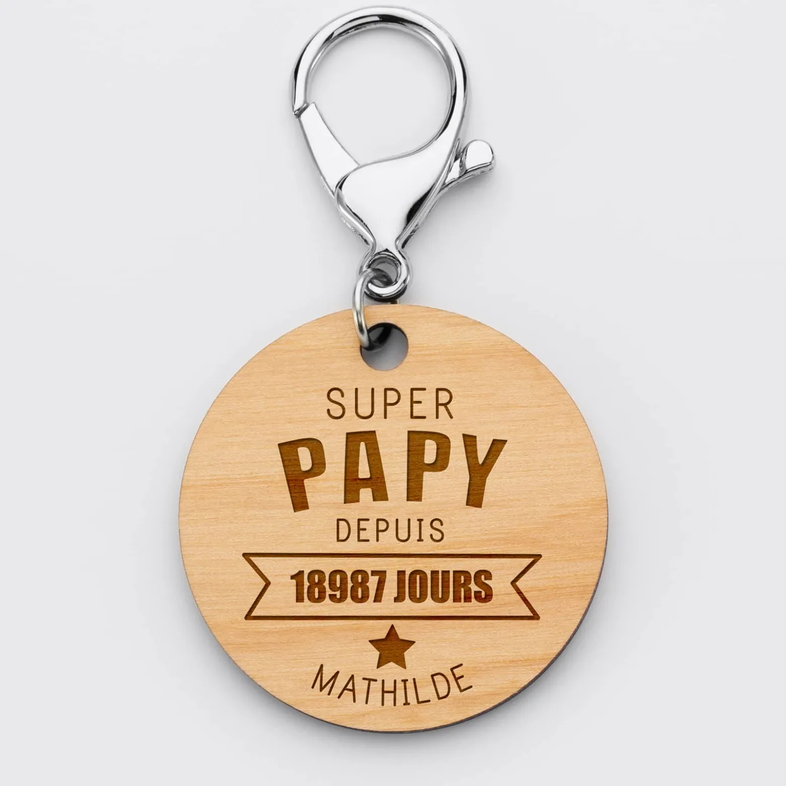 Porte-clés personnalisé gravé bois médaille ronde 50 mm - "Super papy depuis"