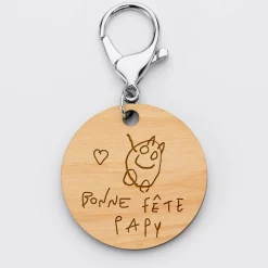 Porte-clés personnalisé gravé bois médaille ronde 50 mm -