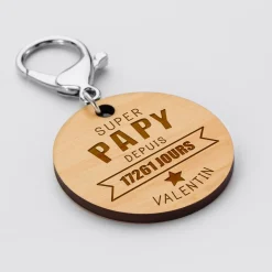 Porte-clés personnalisé gravé bois médaille ronde 50 mm -