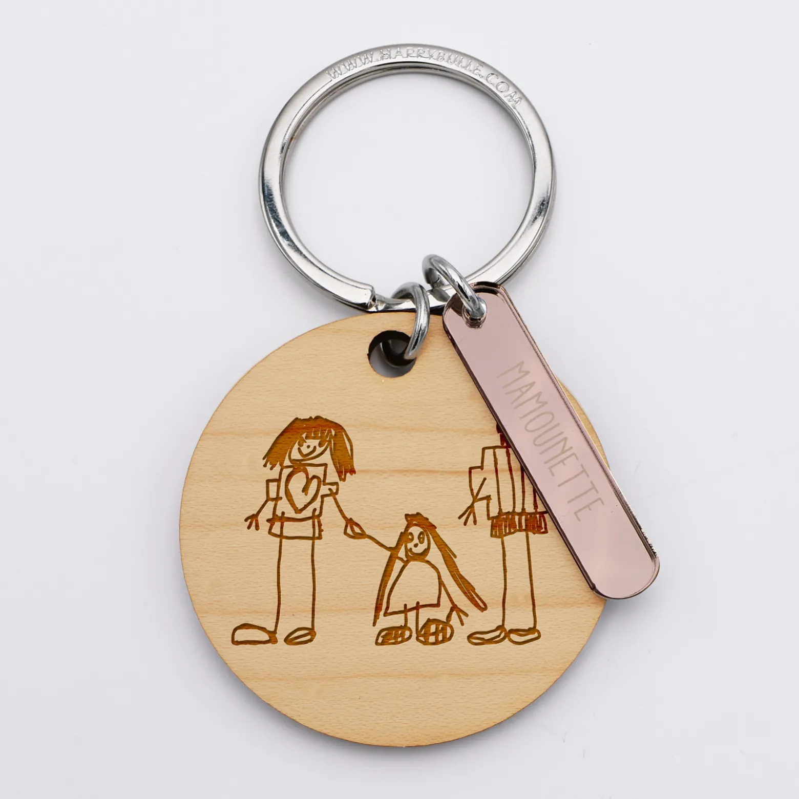 Porte-clés personnalisé gravé bois médaille ronde 50 mm et breloque acrylique miroir 40x8 mm