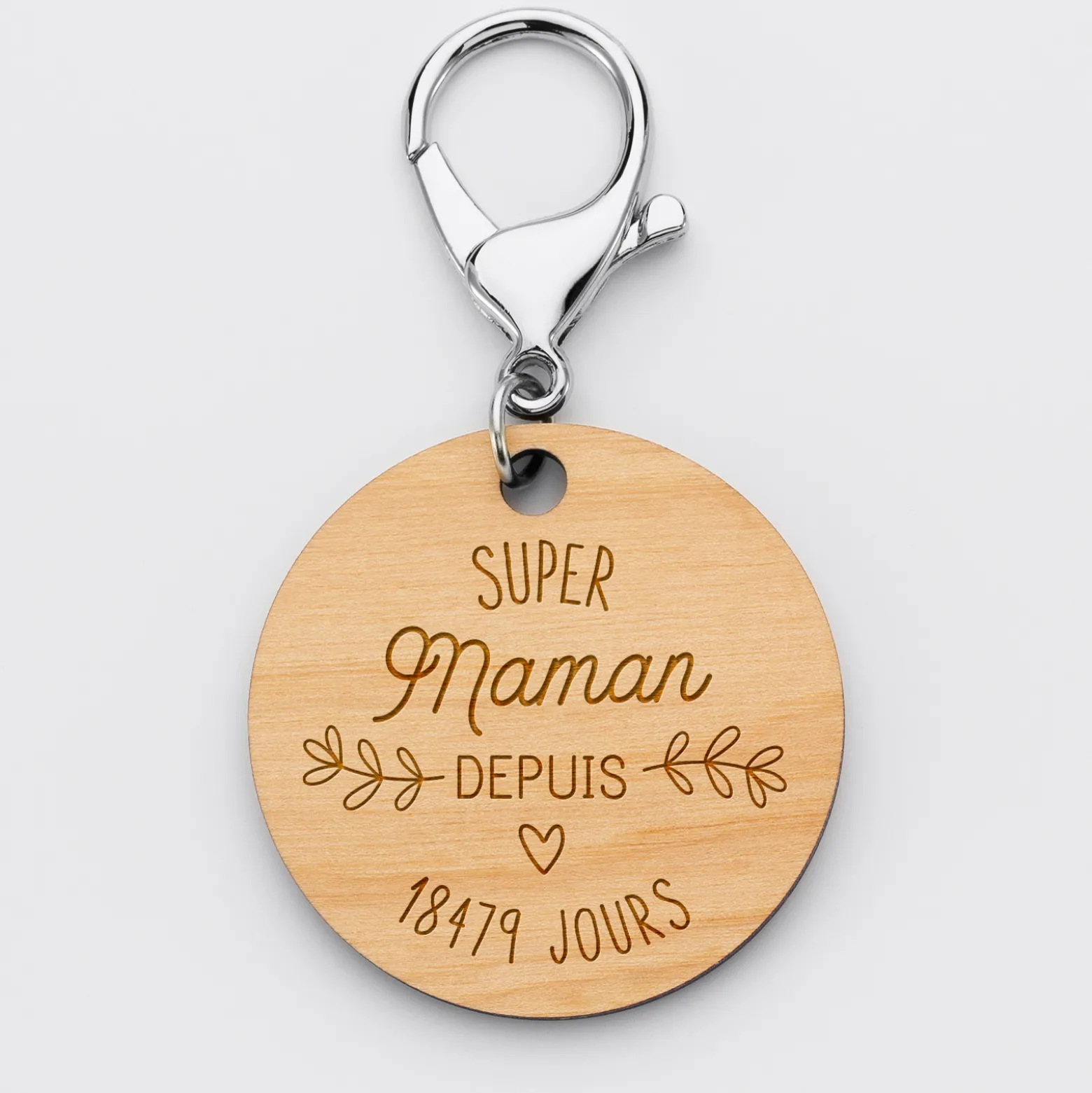 Porte-clés personnalisé gravé bois médaille ronde 50 mm - "Super maman depuis"