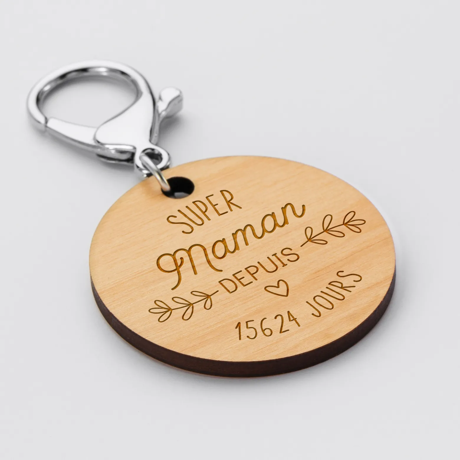 Porte-clés personnalisé gravé bois médaille ronde 50 mm - "Super maman depuis"