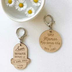 Porte-clés personnalisé gravé bois médaille ronde 50 mm -