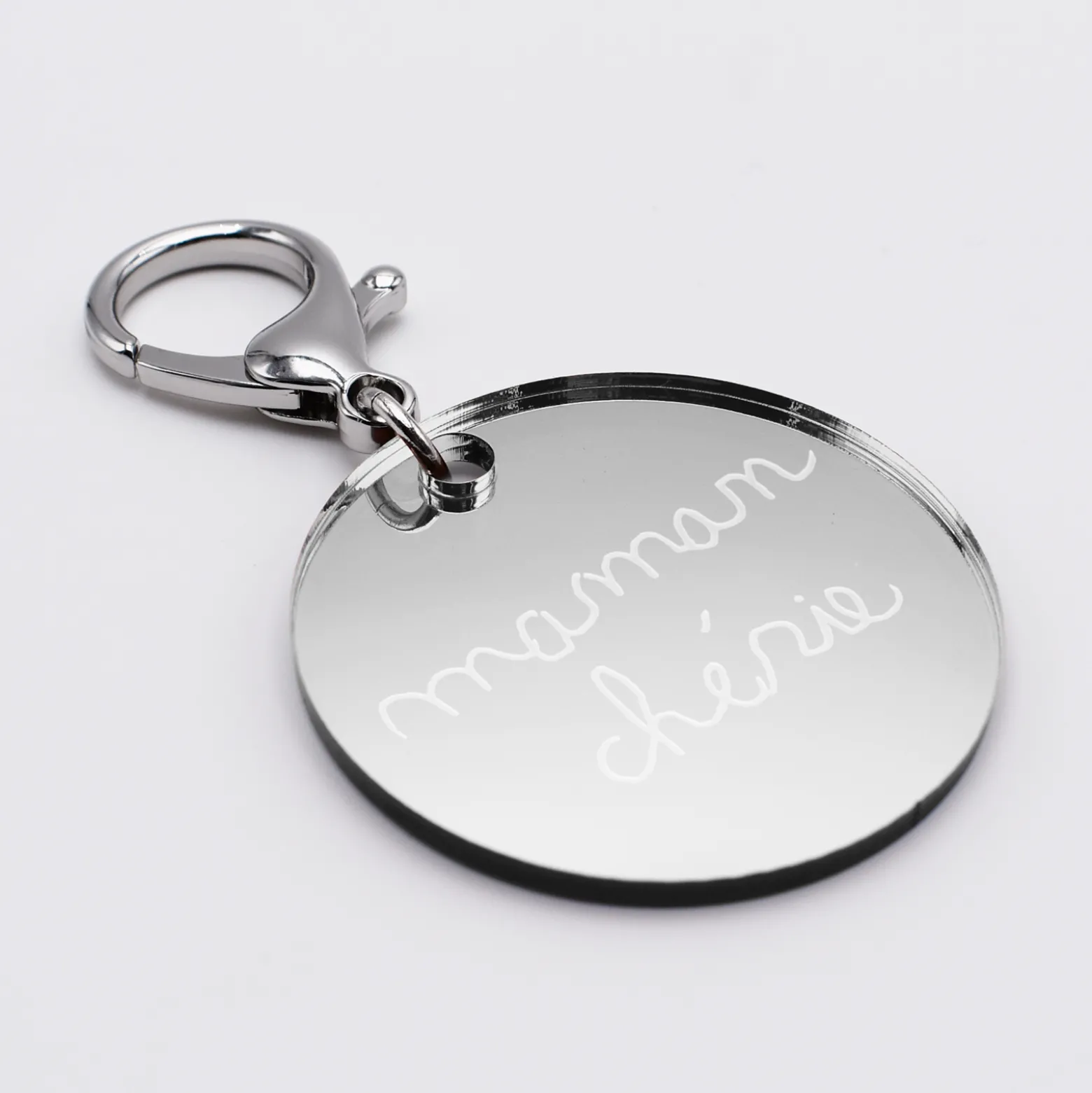 Porte-clés personnalisé gravé acrylique miroir argent médaille ronde 50 mm