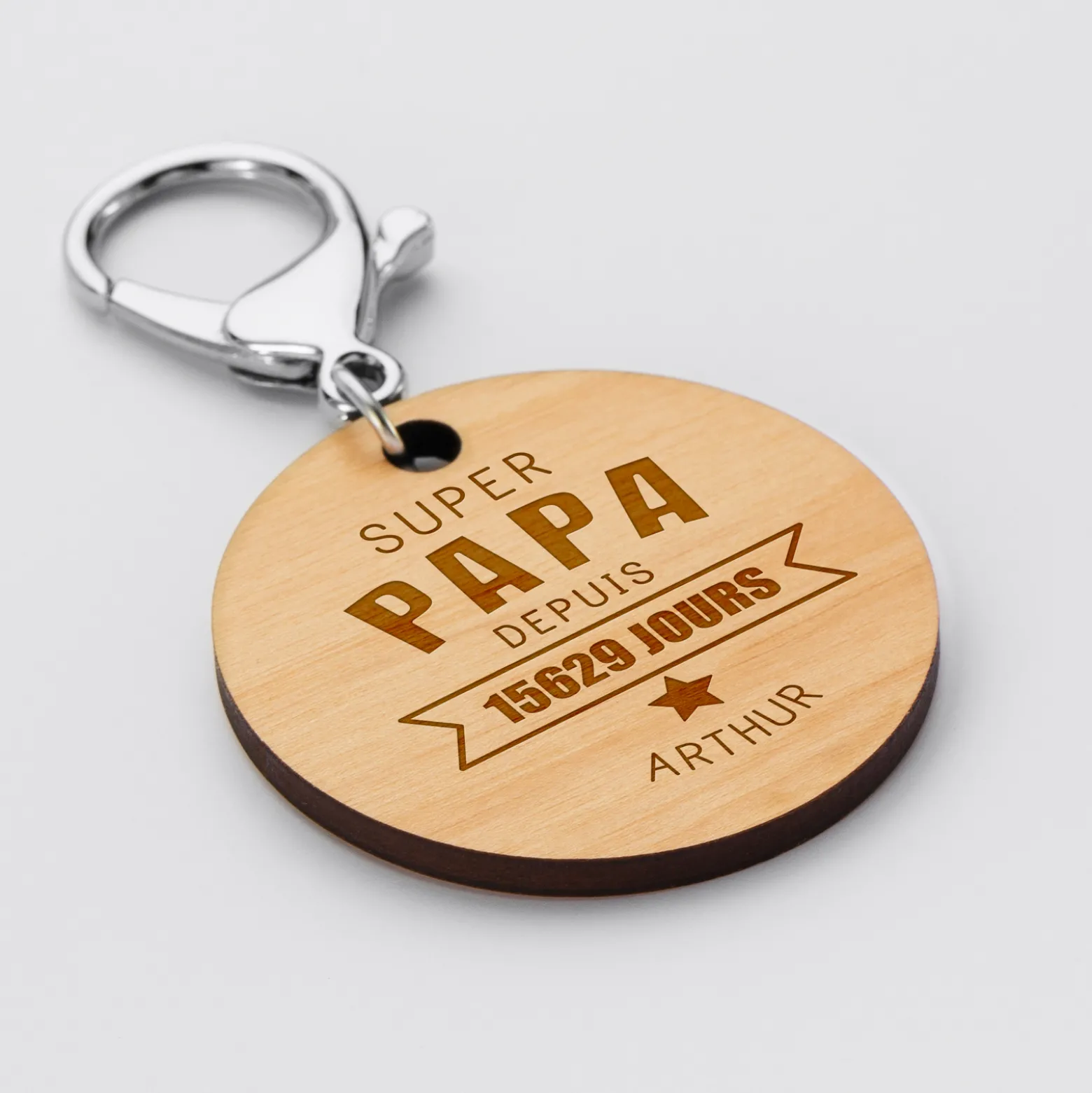 Porte-clés personnalisé gravé bois médaille ronde 50 mm - "Super papa depuis"