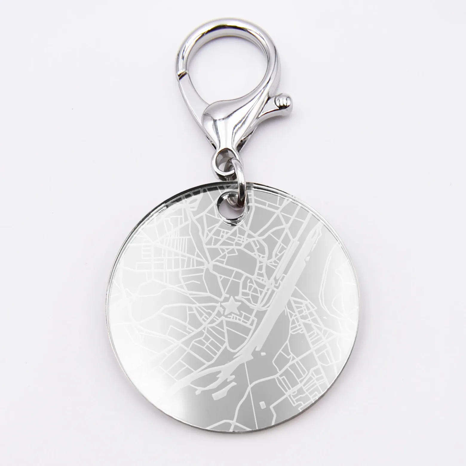 Porte-clés personnalisé gravé acrylique miroir argent médaille ronde 50 mm "Geo map"