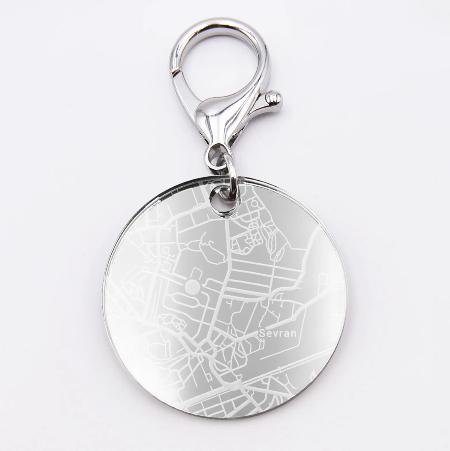 Porte-clés personnalisé gravé acrylique miroir argent médaille ronde 50 mm "Geo map"