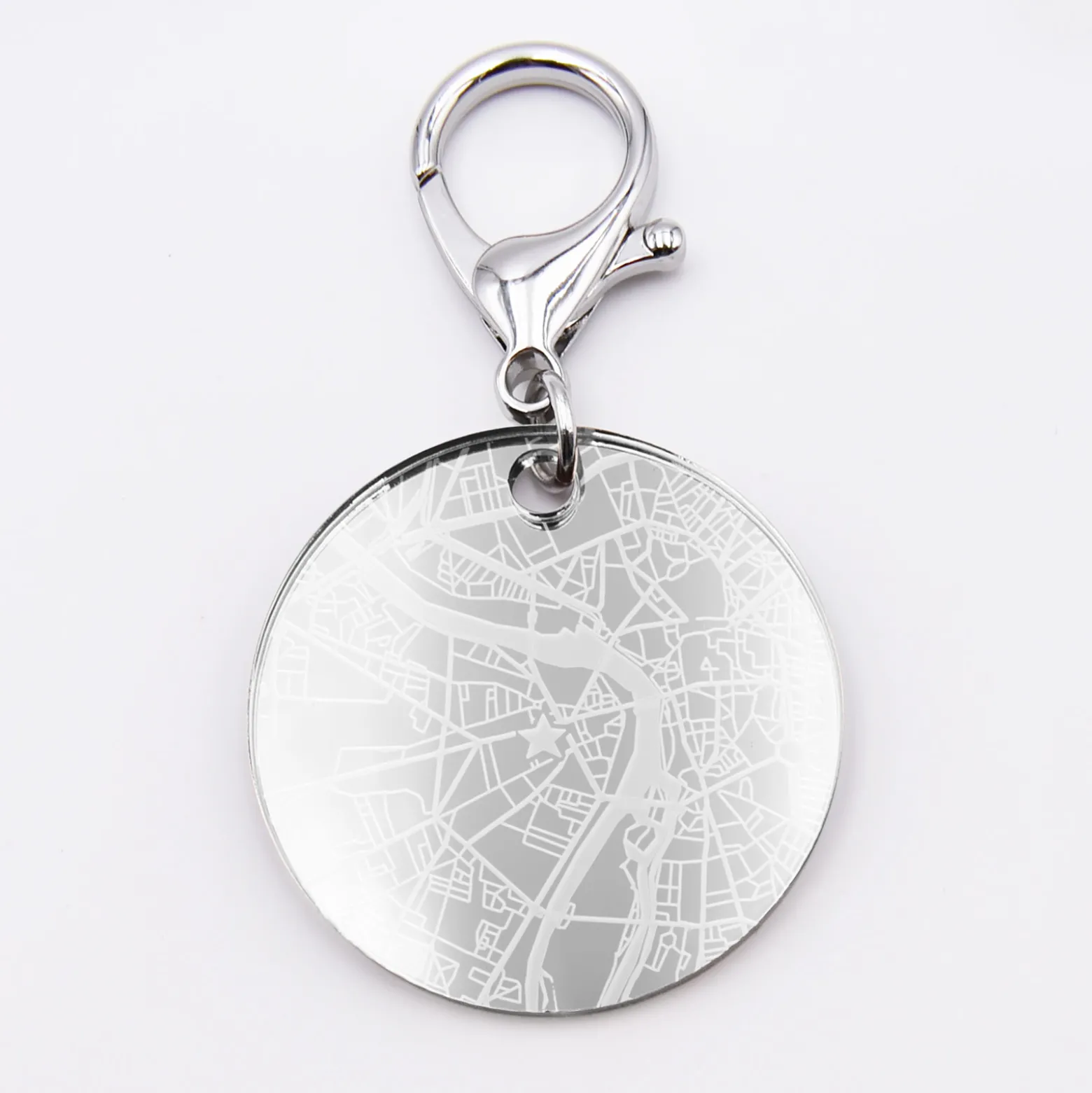 Porte-clés personnalisé gravé acrylique miroir argent médaille ronde 50 mm "Geo map"