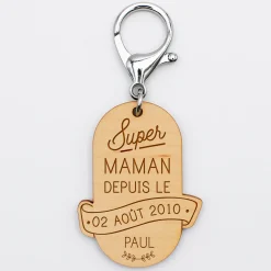Porte-clés personnalisé gravé bois médaille ovale 58x43 mm - "Super maman depuis"