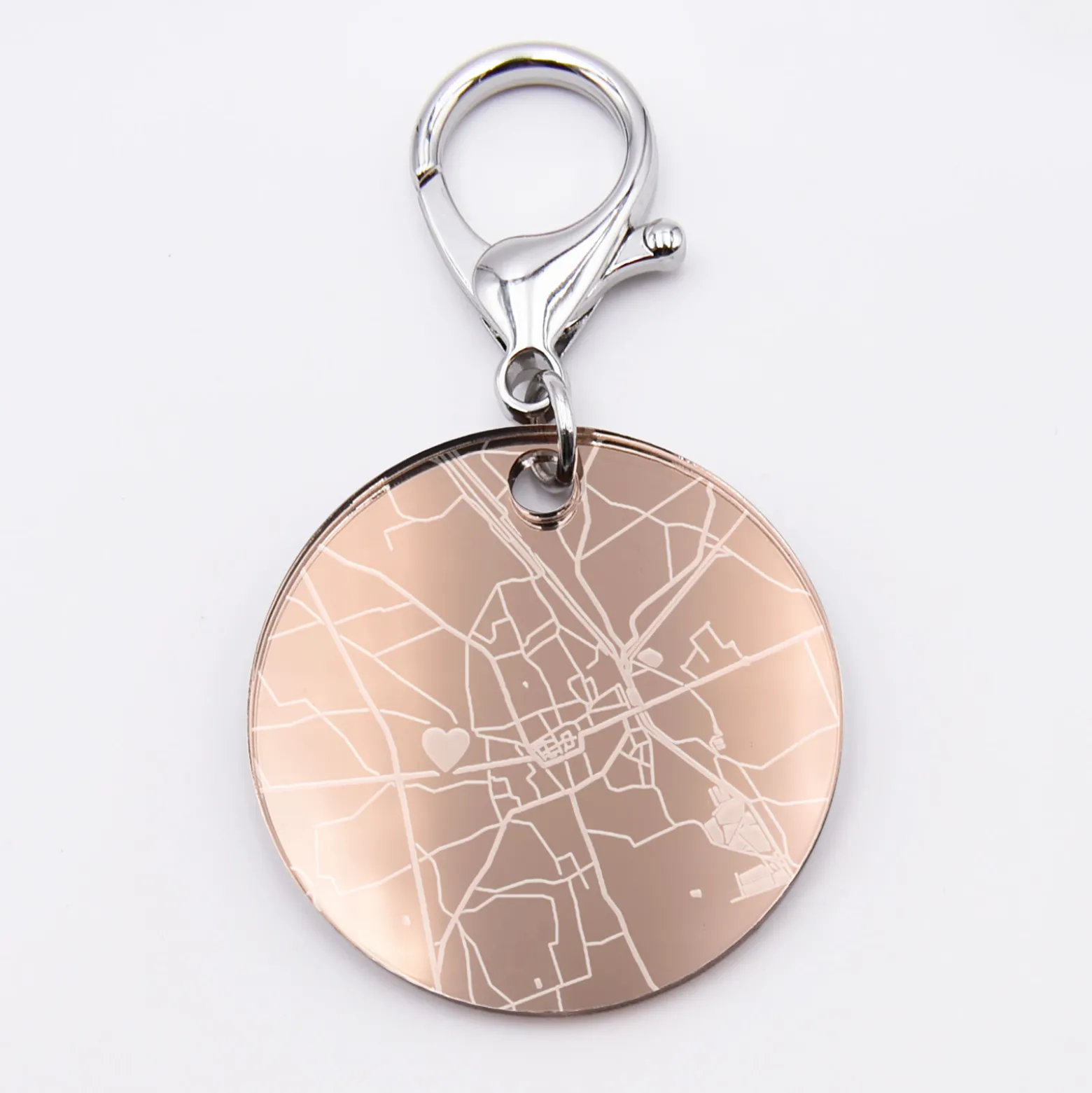 Porte-clés personnalisé gravé acrylique miroir rose gold médaille ronde 50 mm "Géo map"