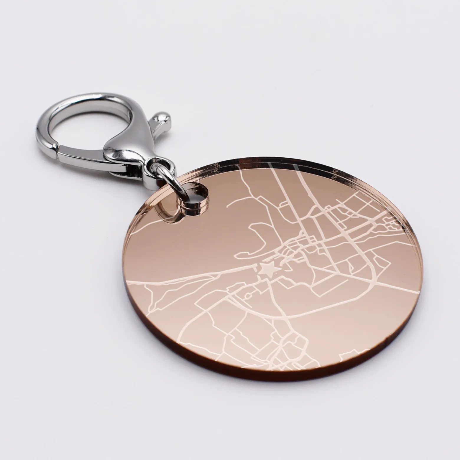 Porte-clés personnalisé gravé acrylique miroir rose gold médaille ronde 50 mm "Géo map"