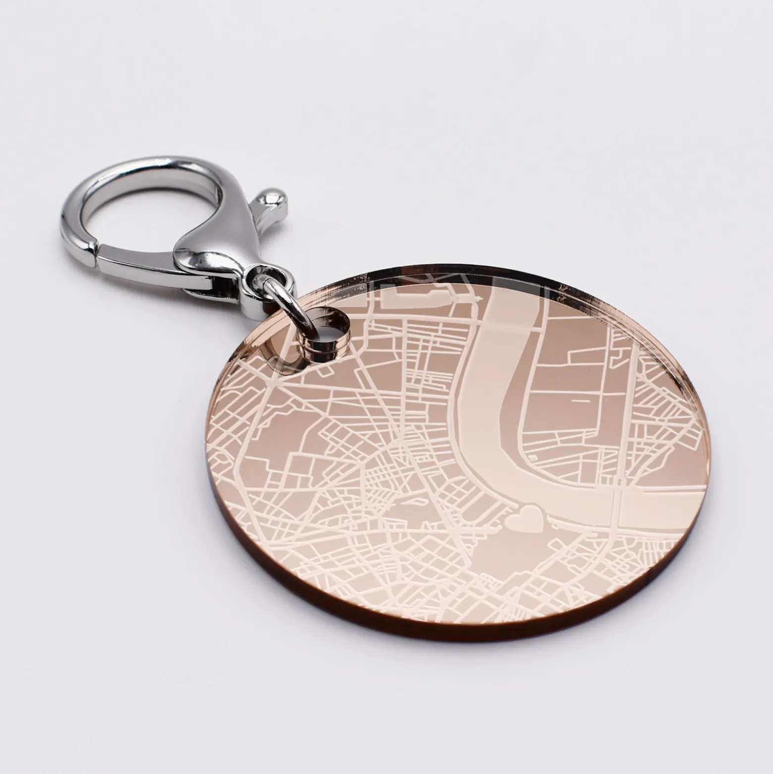 Porte-clés personnalisé gravé acrylique miroir rose gold médaille ronde 50 mm "Géo map"