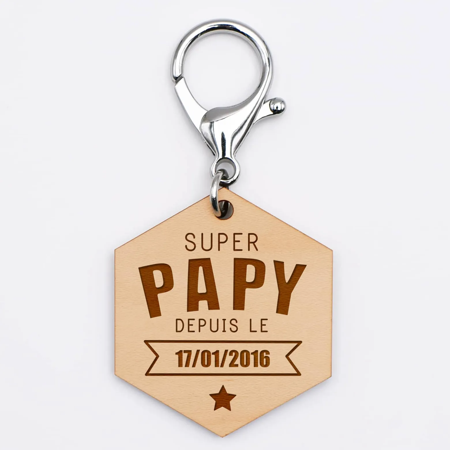 Porte-clés personnalisé gravé bois médaille hexagone 52x45 mm - "Super papy depuis"