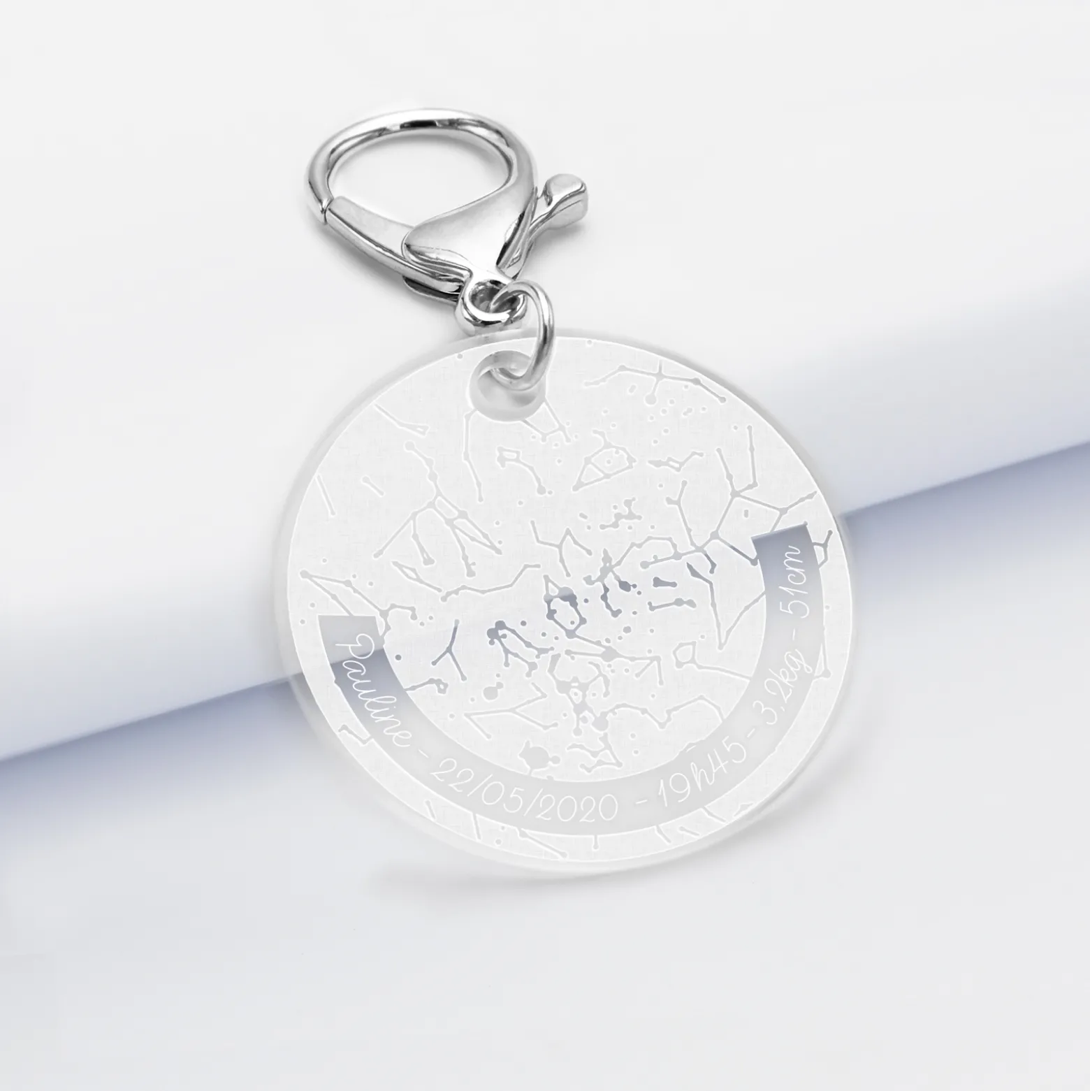 Porte-clés personnalisé gravé acrylique médaille ronde 50 mm "Carte du ciel étoilé" version white