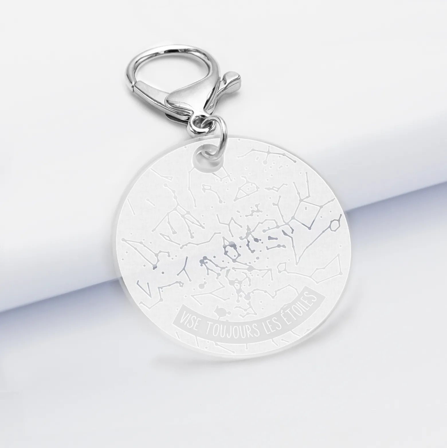 Porte-clés personnalisé gravé acrylique médaille ronde 50 mm "Carte du ciel étoilé" version white