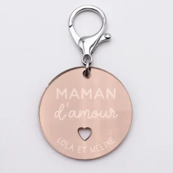 Porte-clés personnalisé gravé acrylique miroir rose gold médaille ronde 50 mm - Maman d'amour