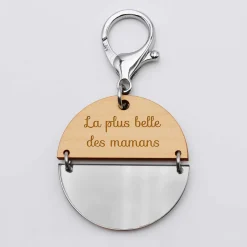 Porte-clés personnalisé gravé bi-matière bois et acrylique miroir 50 mm