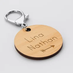 Porte-clés personnalisé gravé bois médaille ronde 50 mm
