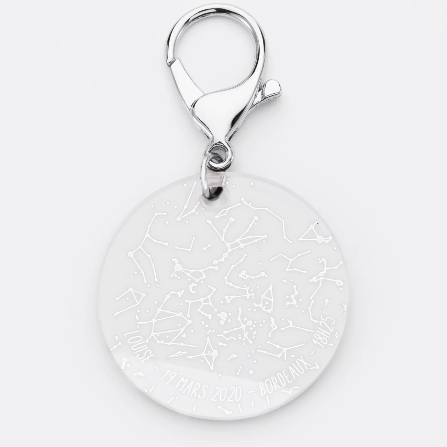 Porte-clés personnalisé gravé acrylique médaille ronde 50 mm "Carte du ciel étoilé"