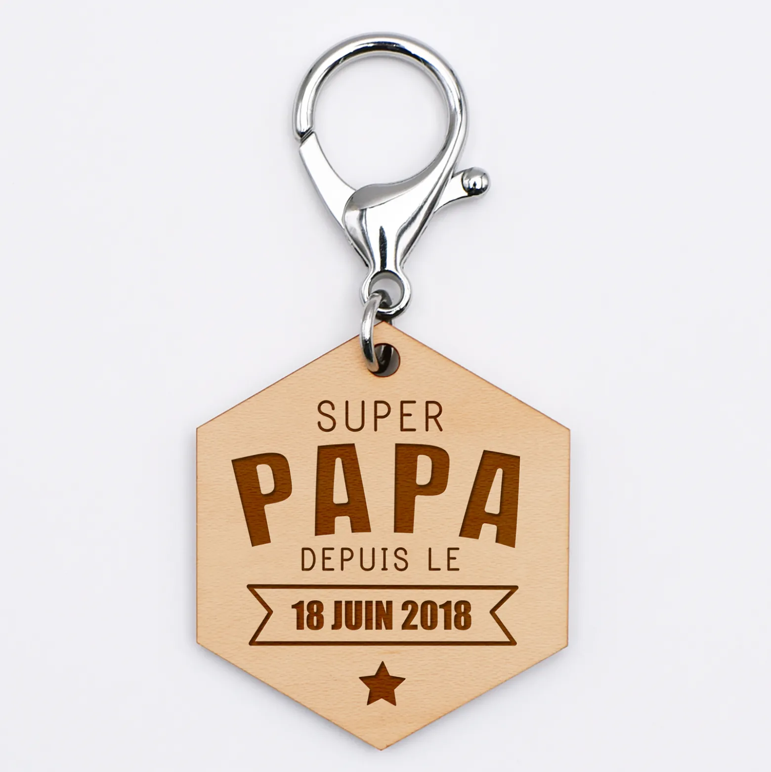 Porte-clés personnalisé gravé bois médaille hexagone 52x45 mm - "Super papa depuis"