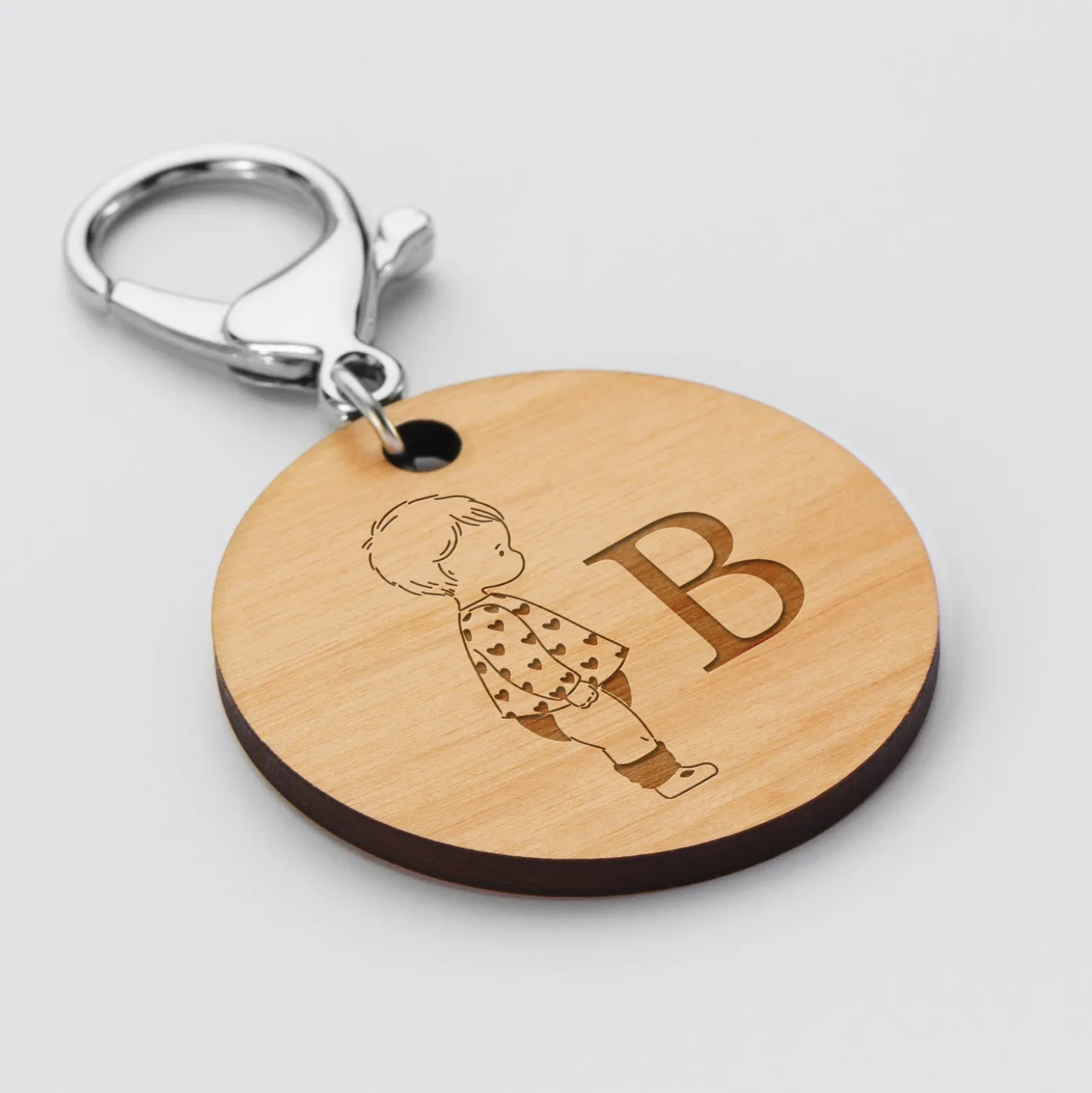 Porte-clés personnalisé initiale gravé bois médaille ronde 50 mm - HappyBulle x Marie Savart