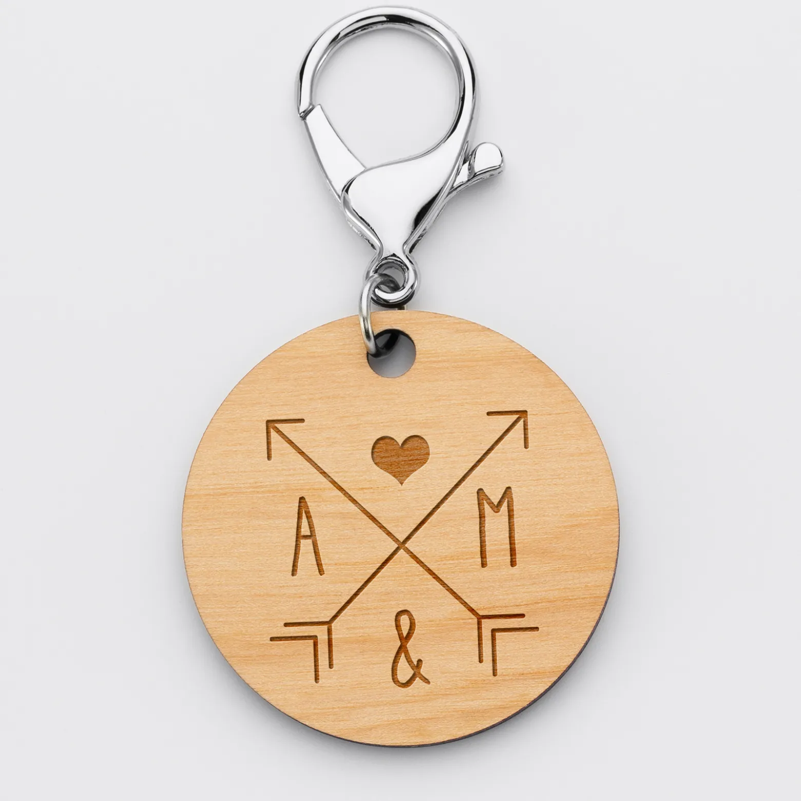 Porte-clés personnalisé initiales médaille gravée bois ronde 50 mm "pour les amoureux"