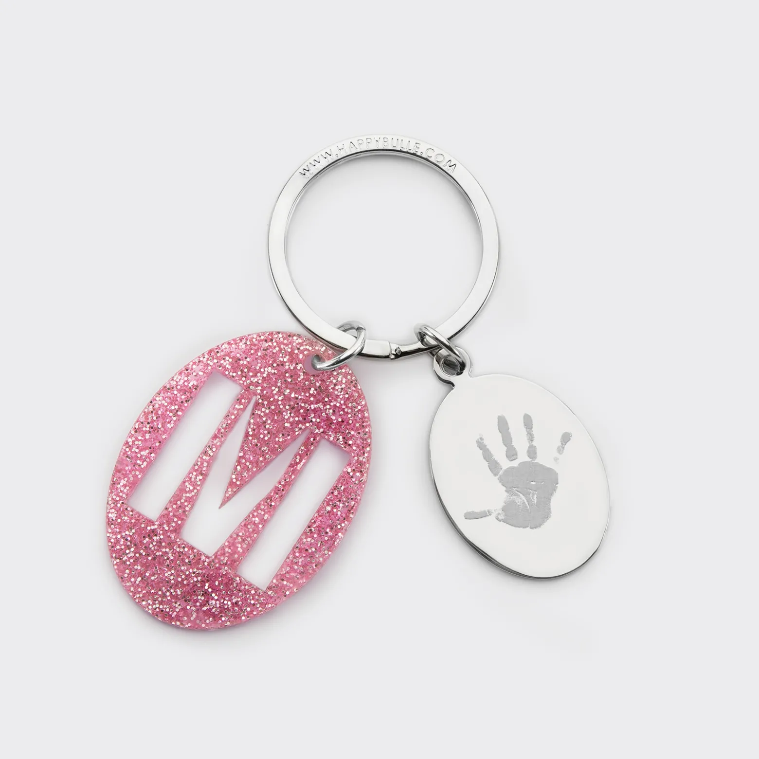 Porte-clés personnalisé médaille gravée ovale acier et breloque initiale acrylique pailleté rose