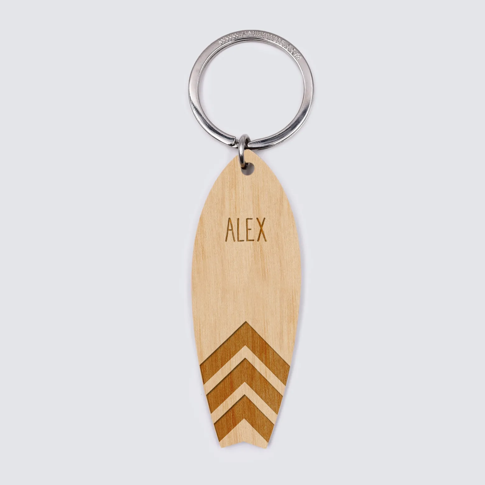 Porte-clés personnalisé médaille gravée bois Planche de Surf