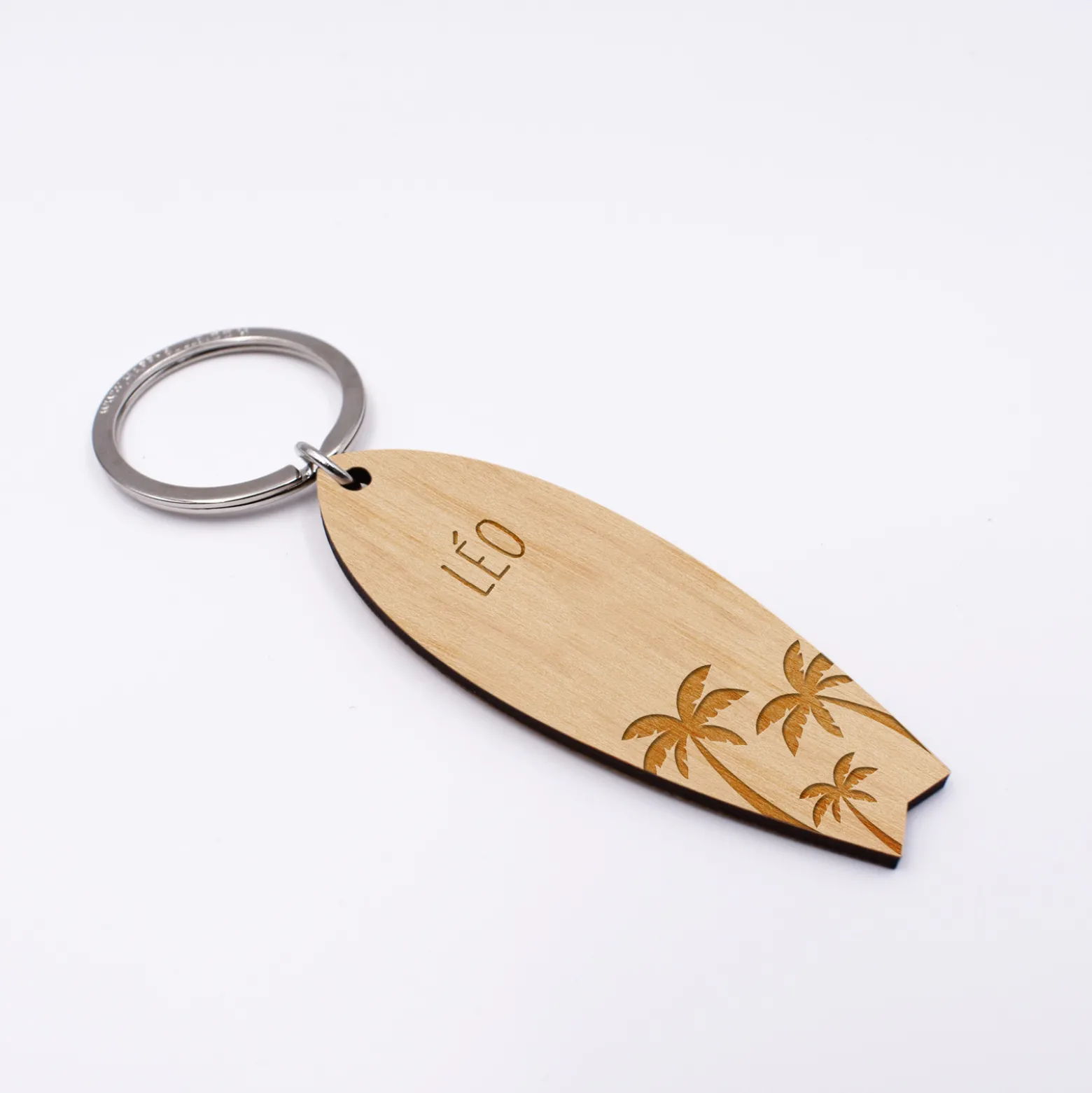 Porte-clés personnalisé médaille gravée bois Planche de Surf