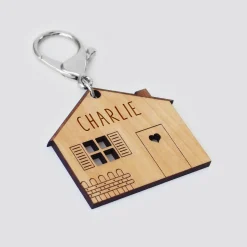Porte-clés personnalisé médaille gravée bois Maison