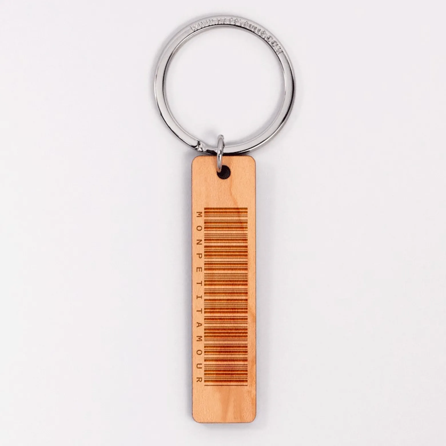 Porte-clés personnalisé "message codé" médaille gravée bois plaque 16x66 mm