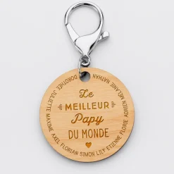 Porte-clés personnalisé prénoms médaille gravée bois ronde 50 mm "Le meilleur Papy du monde"