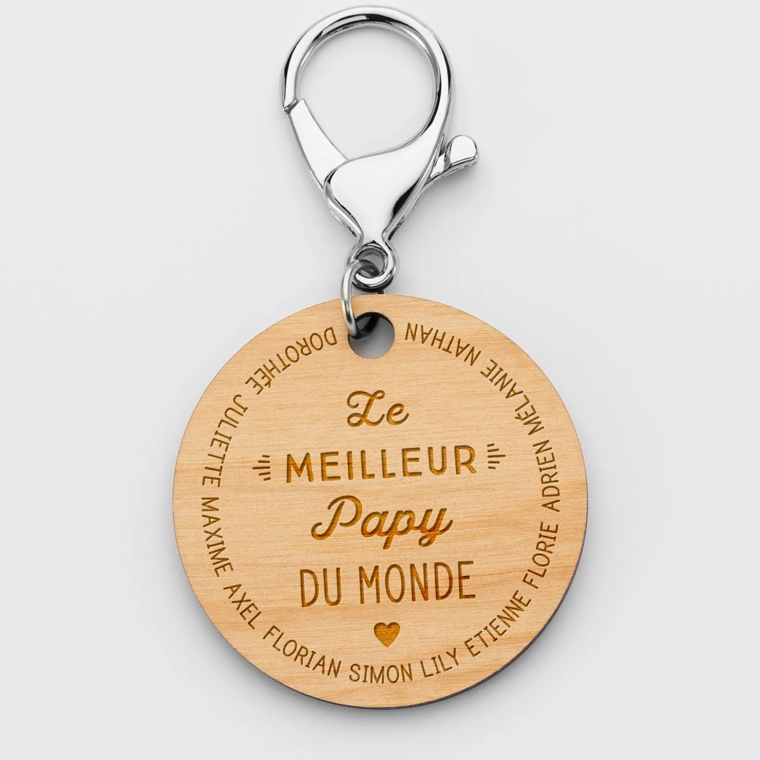 Porte-clés personnalisé prénoms médaille gravée bois ronde 50 mm "Le meilleur Papy du monde"