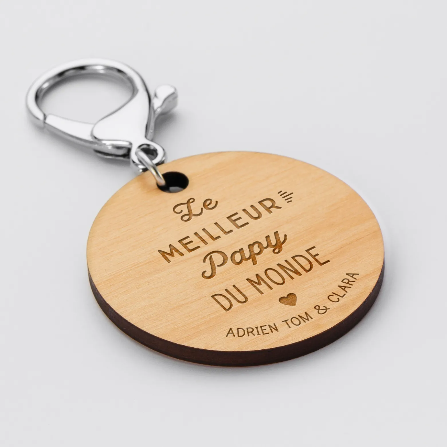 Porte-clés personnalisé prénoms médaille gravée bois ronde 50 mm "Le meilleur Papy du monde"