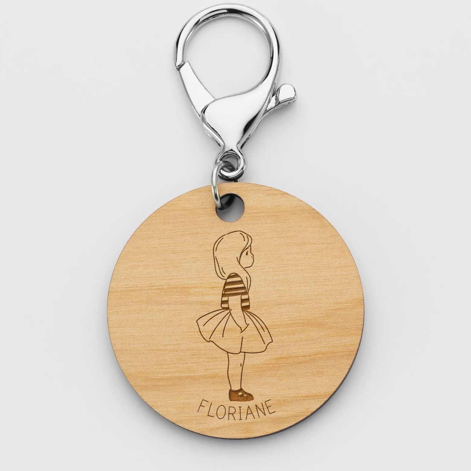 Porte-clés personnalisé prénom gravé bois médaille ronde 50 mm - HappyBulle x Marie Savart
