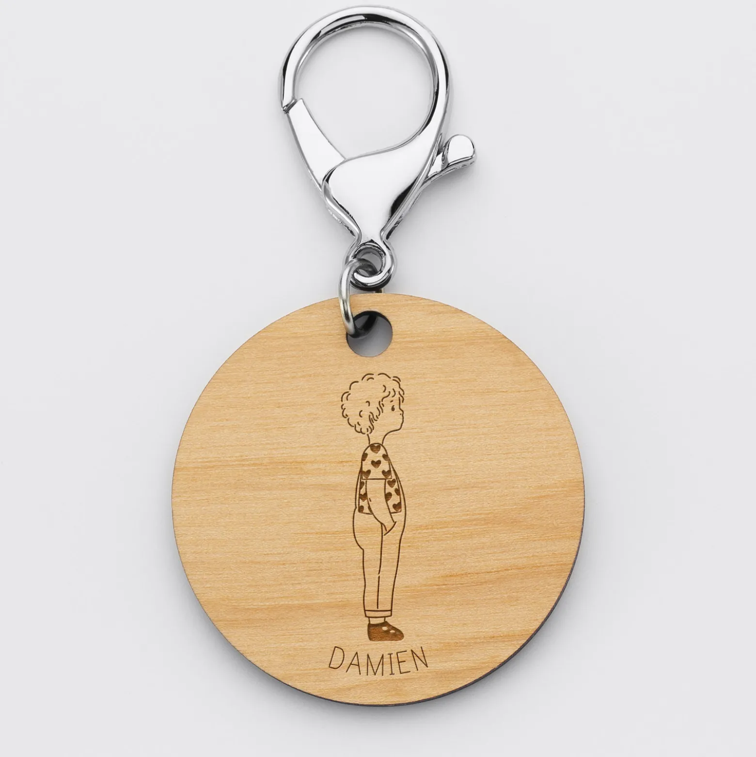 Porte-clés personnalisé prénom gravé bois médaille ronde 50 mm - HappyBulle x Marie Savart