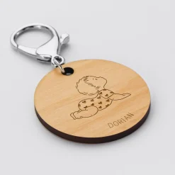 Porte-clés personnalisé prénom gravé bois médaille ronde 50 mm - HappyBulle x Marie Savart